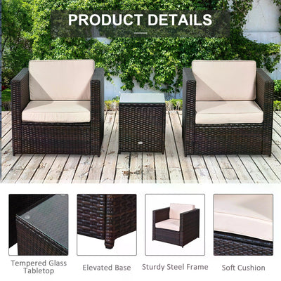Outsunny 2-Seater Rattan Sofa  Furniture Set W/Cushions, Steel Frame-Brown 
