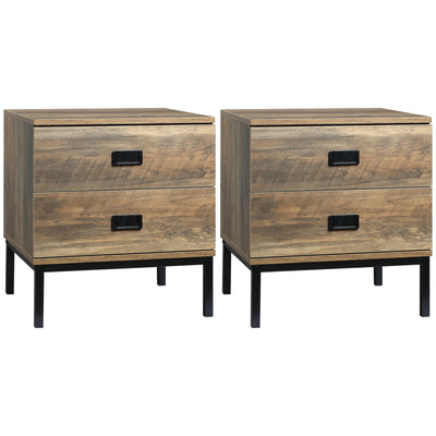 HOMCOM Retro Bedside Table, End Side Table with 2 Drawers, Metal Frame for Bedroom, Living Room, Set of 2, Coffee 