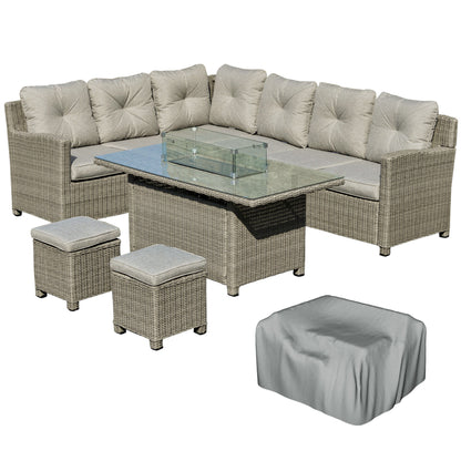Outsunny 8-Seater Outdoor PE Rattan Sofa Set Conversation Set w/ Fire Pit Table, L-Shape Sofa, Footstool and Furniture Cover 