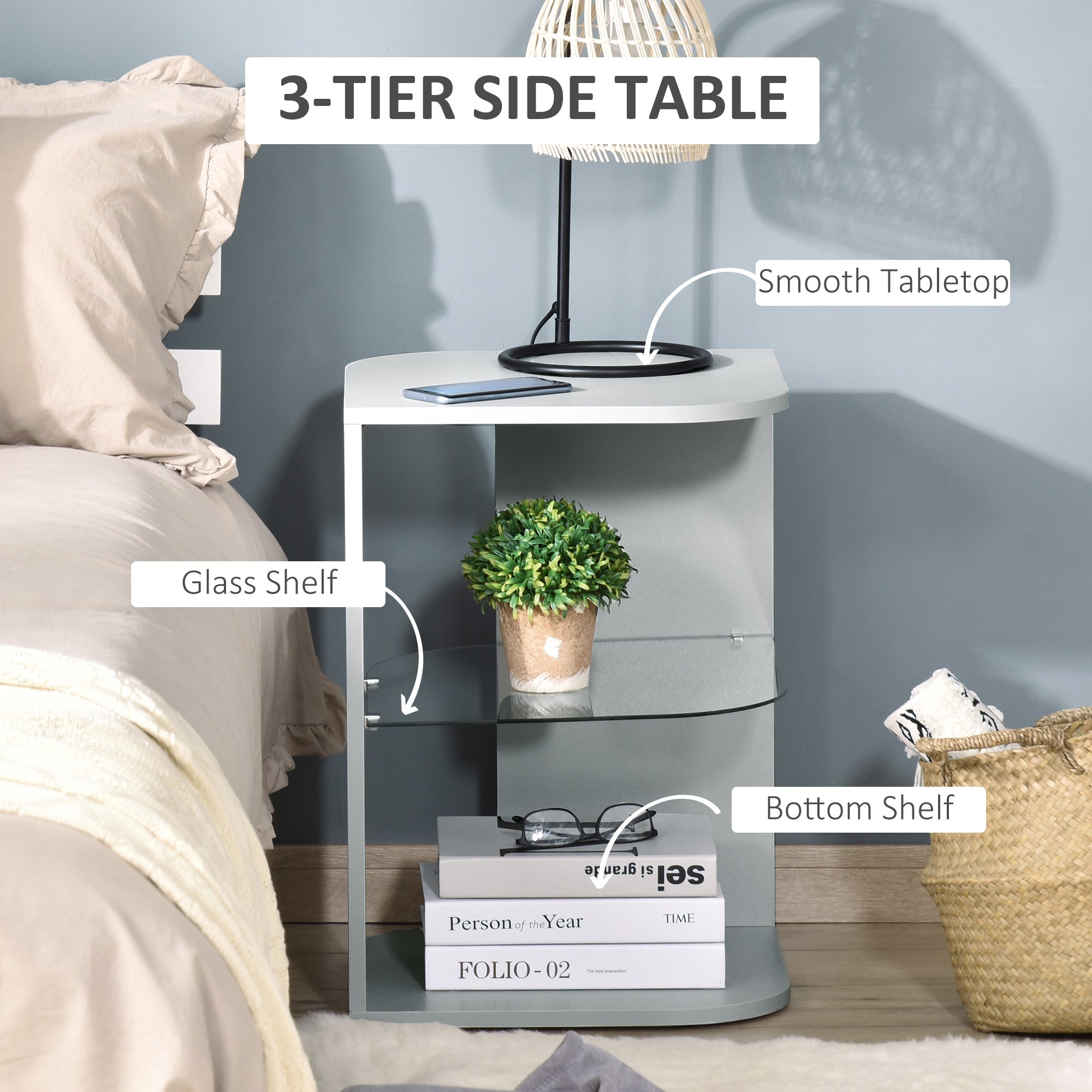 HOMCOM Modern Side Table Three Layer Bedside Table Nightstand with 2 Storage Shelves, for Living room, Bedroom, Grey 