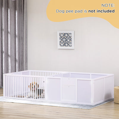 PawHut 7 Panels Playpen with 3 Doors for Baby Dogs, Two-Room Design Puppy Whelping Box - White 