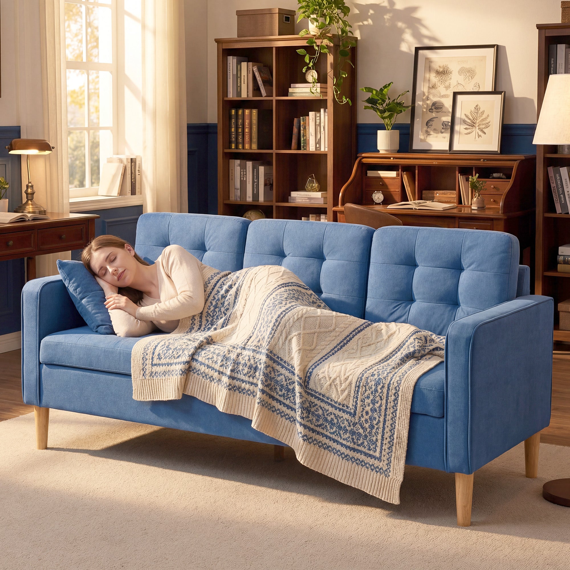 HOMCOM 3 Seater Sofa, 169cm Couch with Hidden Storage, Wood Legs, Blue 