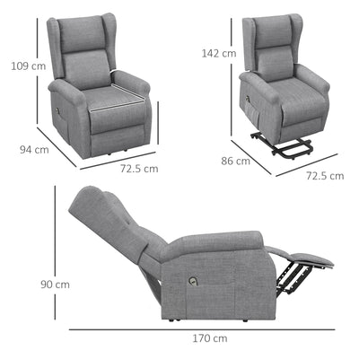HOMCOM Power Lift Recliner Armchair, Electric Lift Chair for Elderly, Fabric Riser and Reclining Chair with Remote Control, Side Pockets, Extended Footrest, for Living Room, Grey 