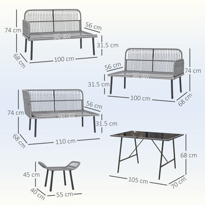 Outsunny 6 Piece Rattan Garden Furniture Set, 8 Seater Garden Corner Sofa with Cushions and Glass Top Table, Sectional Outdoor Furniture Conservatory Set for Patio, Charcoal Grey 