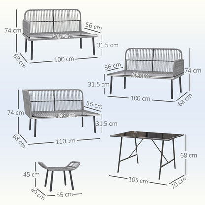 Outsunny 6 Piece Rattan Garden Furniture Set, 8 Seater Garden Corner Sofa with Cushions and Glass Top Table, Sectional Outdoor Furniture Conservatory Set for Patio, Charcoal Grey 