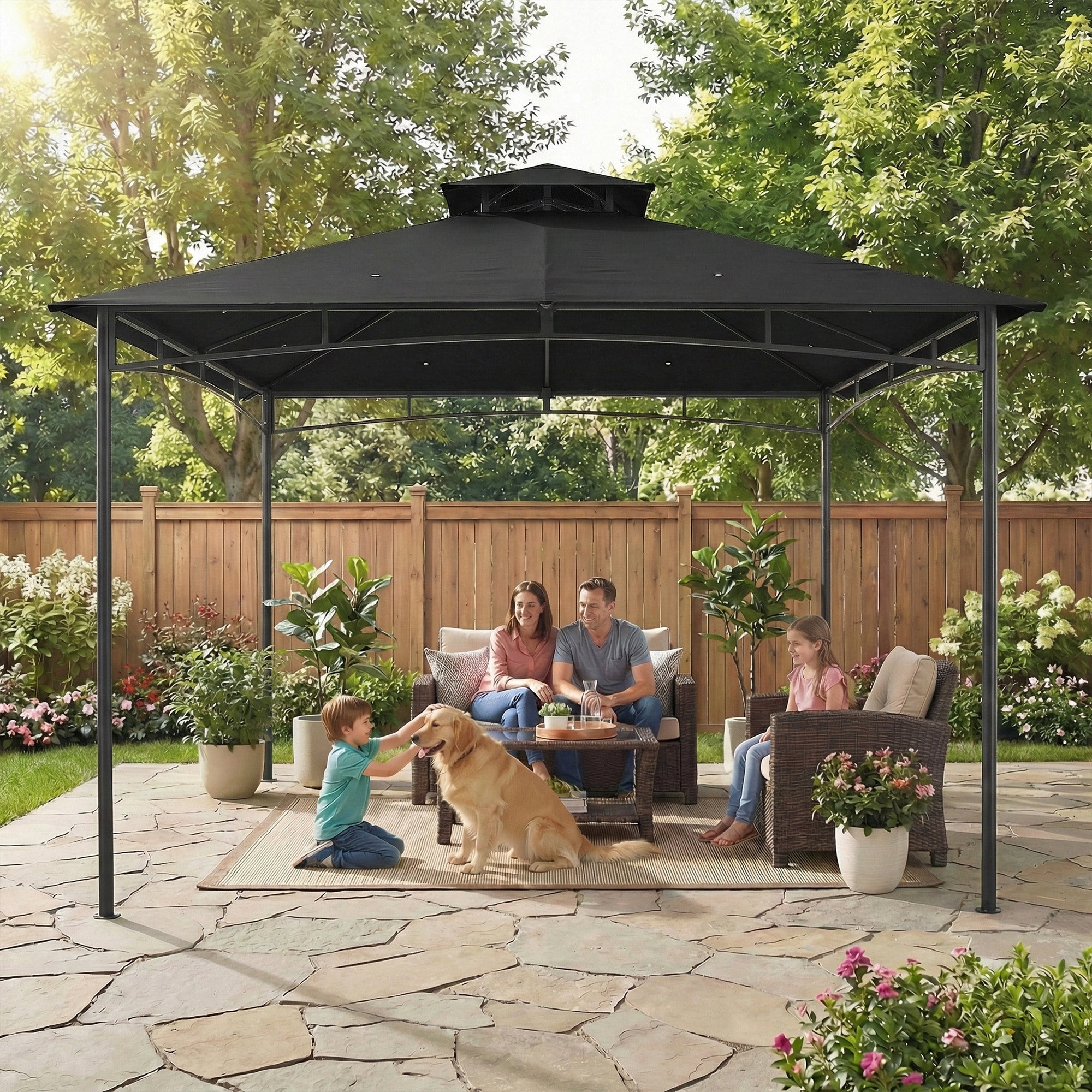 Outsunny 3 x 3 m Gazebo, Garden Gazebo with 2-Tier Roof, Metal Frame, Black 