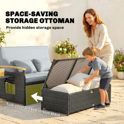 Outsunny Double Garden Rattan Daybed, Wicker Sun Bed Chaise Lounger with Storage Ottoman, 4-Level Adjustable Backrest, Dark Grey 