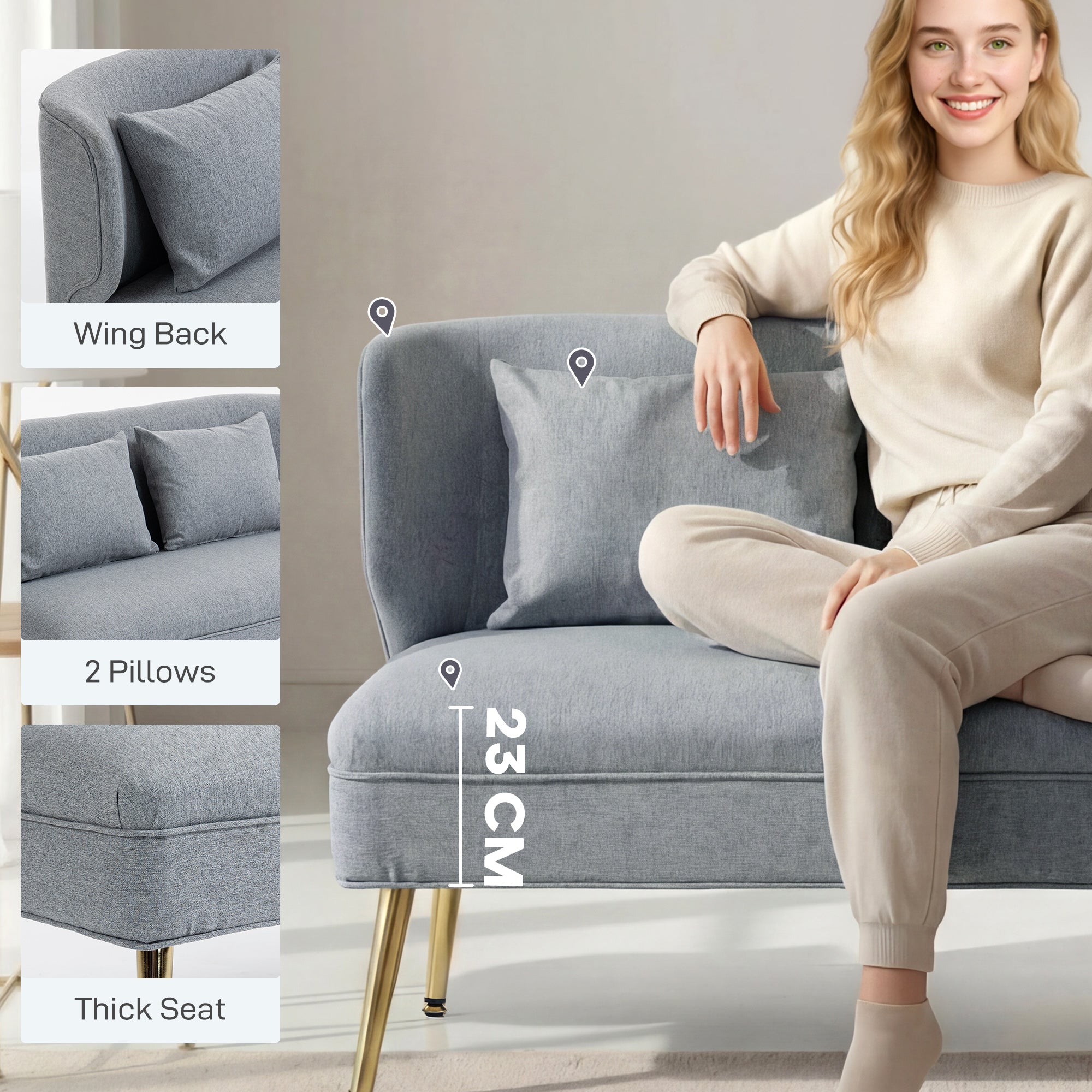 HOMCOM 2 Seater Sofa, Linen-look Fabric Small Sofa with Wing Back, Thick Seat, Metal Legs, Light Grey 