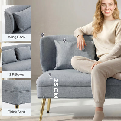 HOMCOM 2 Seater Sofa, Linen-look Fabric Small Sofa with Wing Back, Thick Seat, Metal Legs, Light Grey 