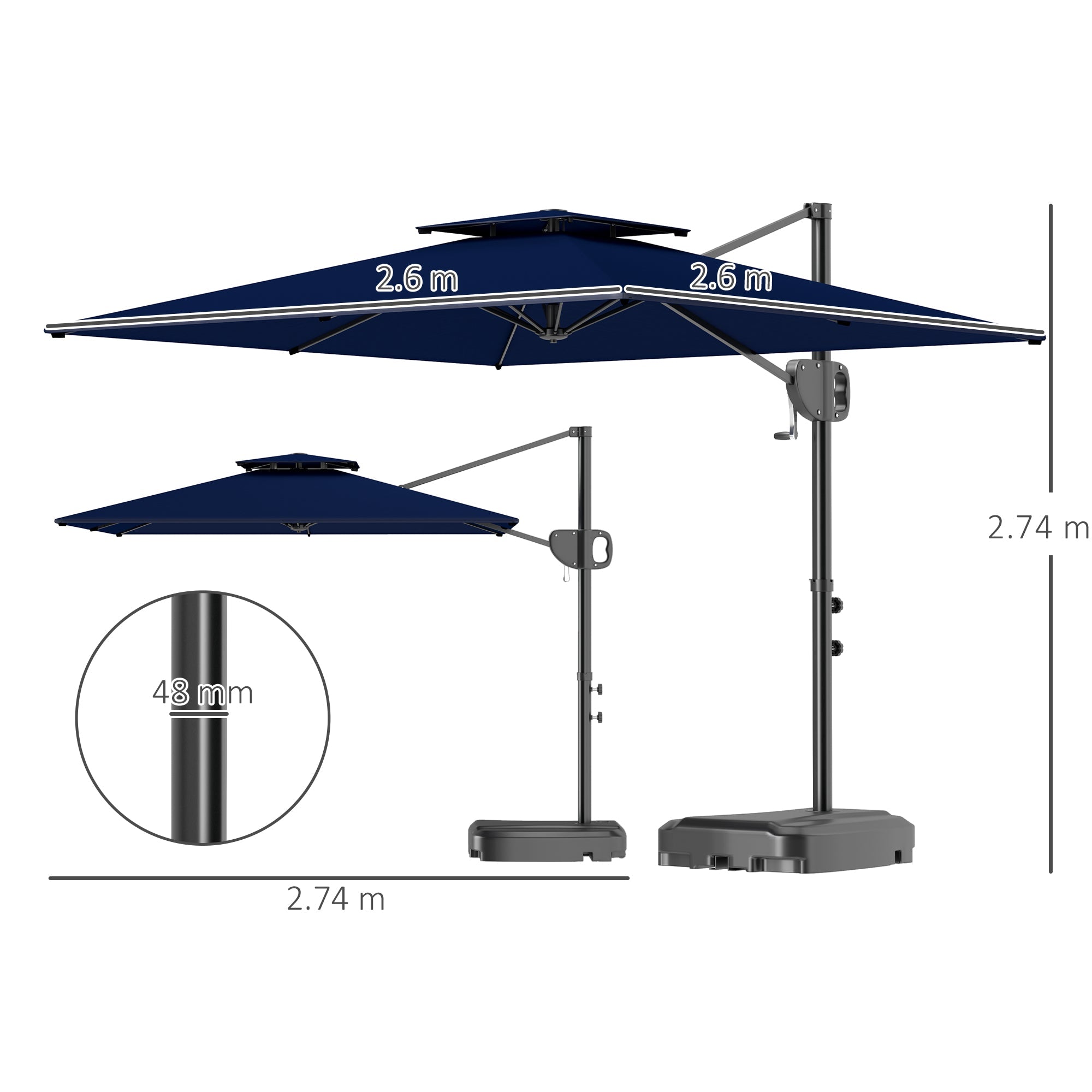 Outsunny Cantilever Parasol with Weighted Base Double Top Garden Parasol Square Hanging Patio Umbrella with Crank Tilt Dark Blue 