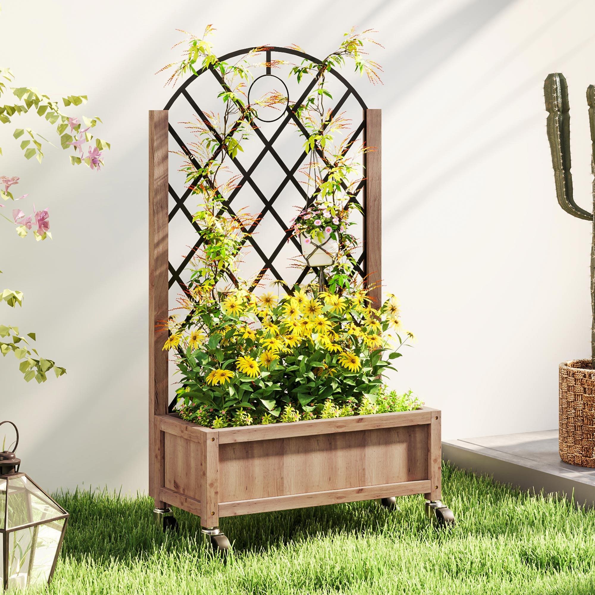 Outsunny Wooden Planter, with Metal Trellis - Brown/Black 