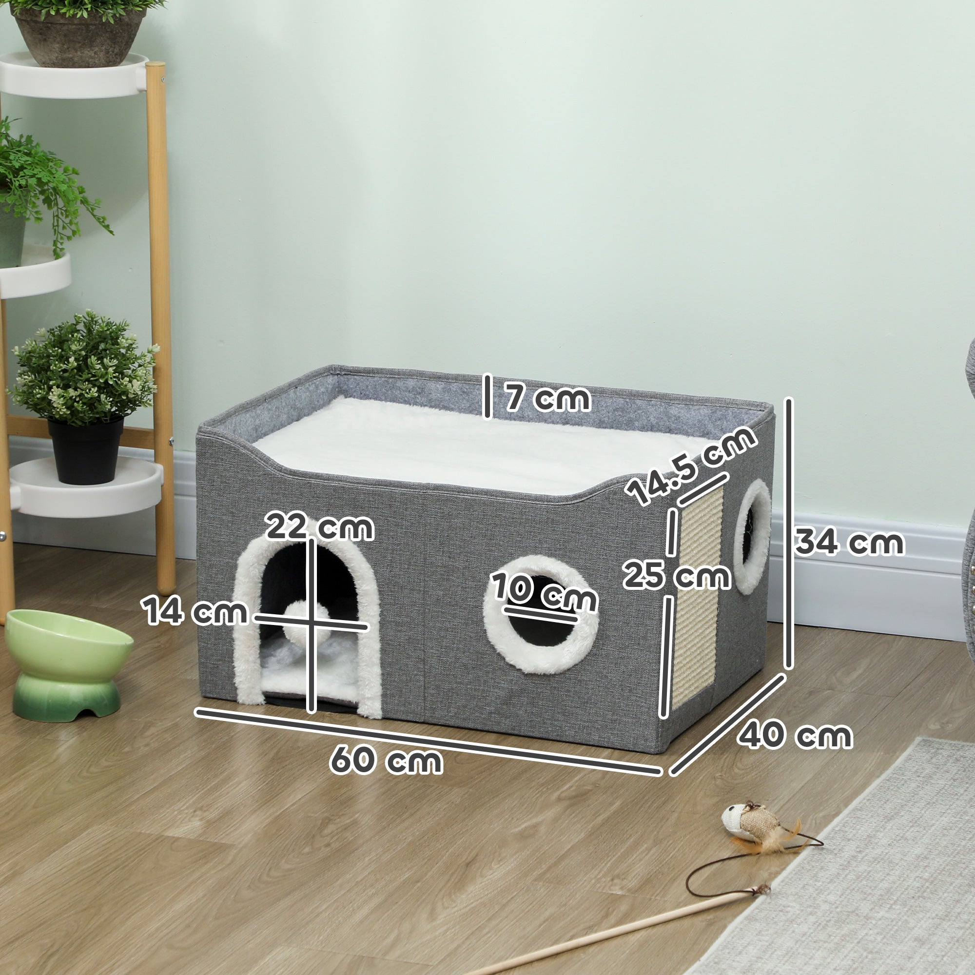 PawHut Cat Bed for Indoor Pets, Foldable Cat House with Fluffy Ball and Scratch Pad for Small and Medium Pets, Grey 