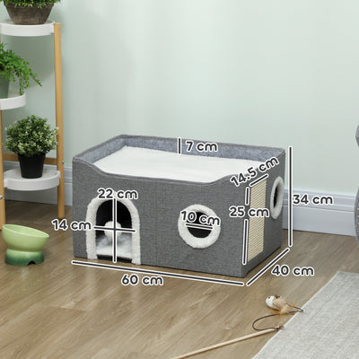 PawHut Cat Bed for Indoor Pets, Foldable Cat House with Fluffy Ball and Scratch Pad for Small and Medium Pets, Grey 
