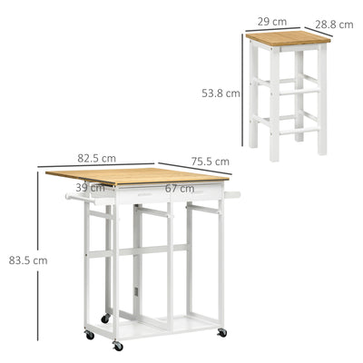 HOMCOM Kitchen Island Set with 2 Stools, Bamboo Breakfast Cart with Drop Leaf Top, Drawers and Towel Rack, Rolling Kitchen Cart and Chairs Set, White 