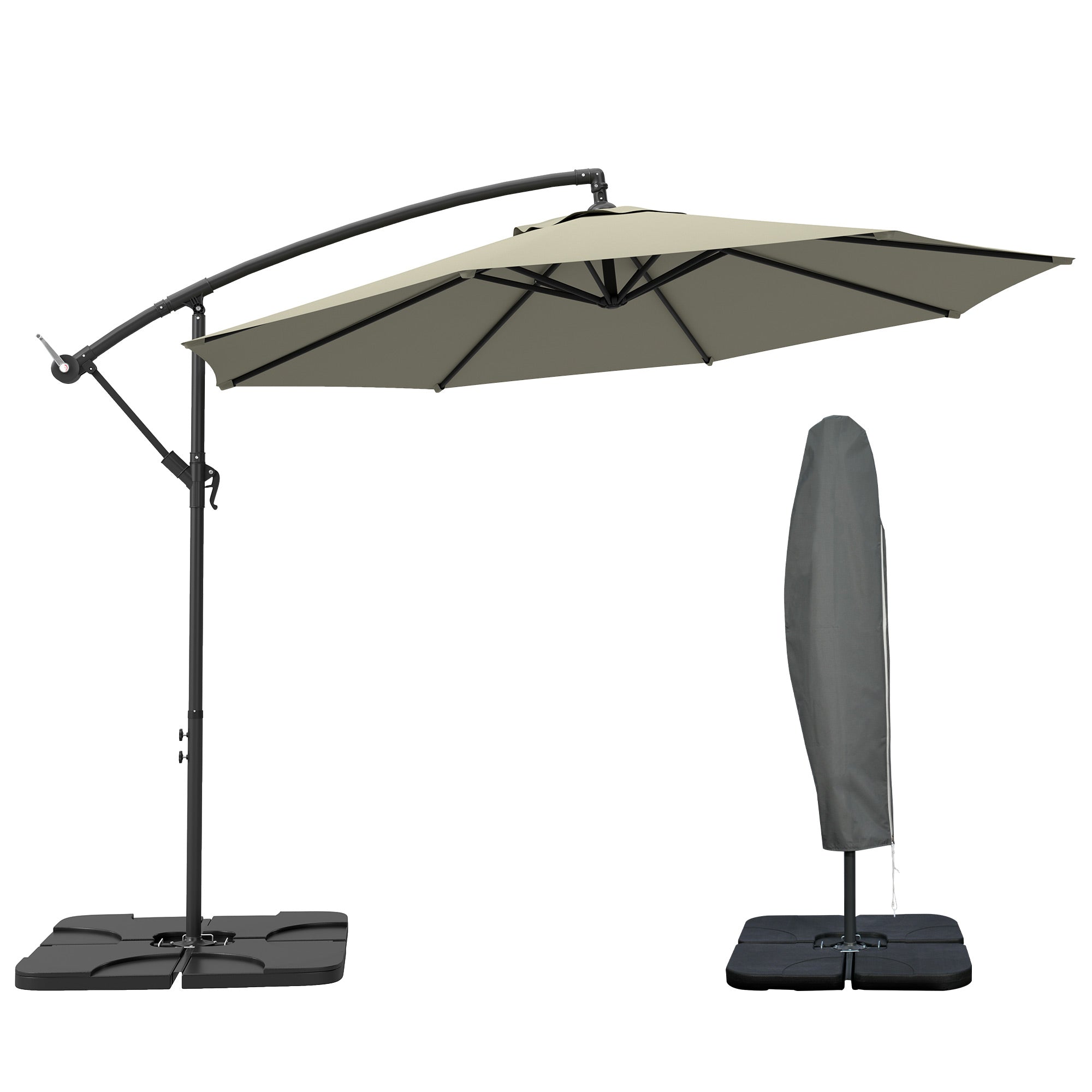 Outsunny 3m Overhanging Parasol, with Base, Weights and Cover - Light Grey 