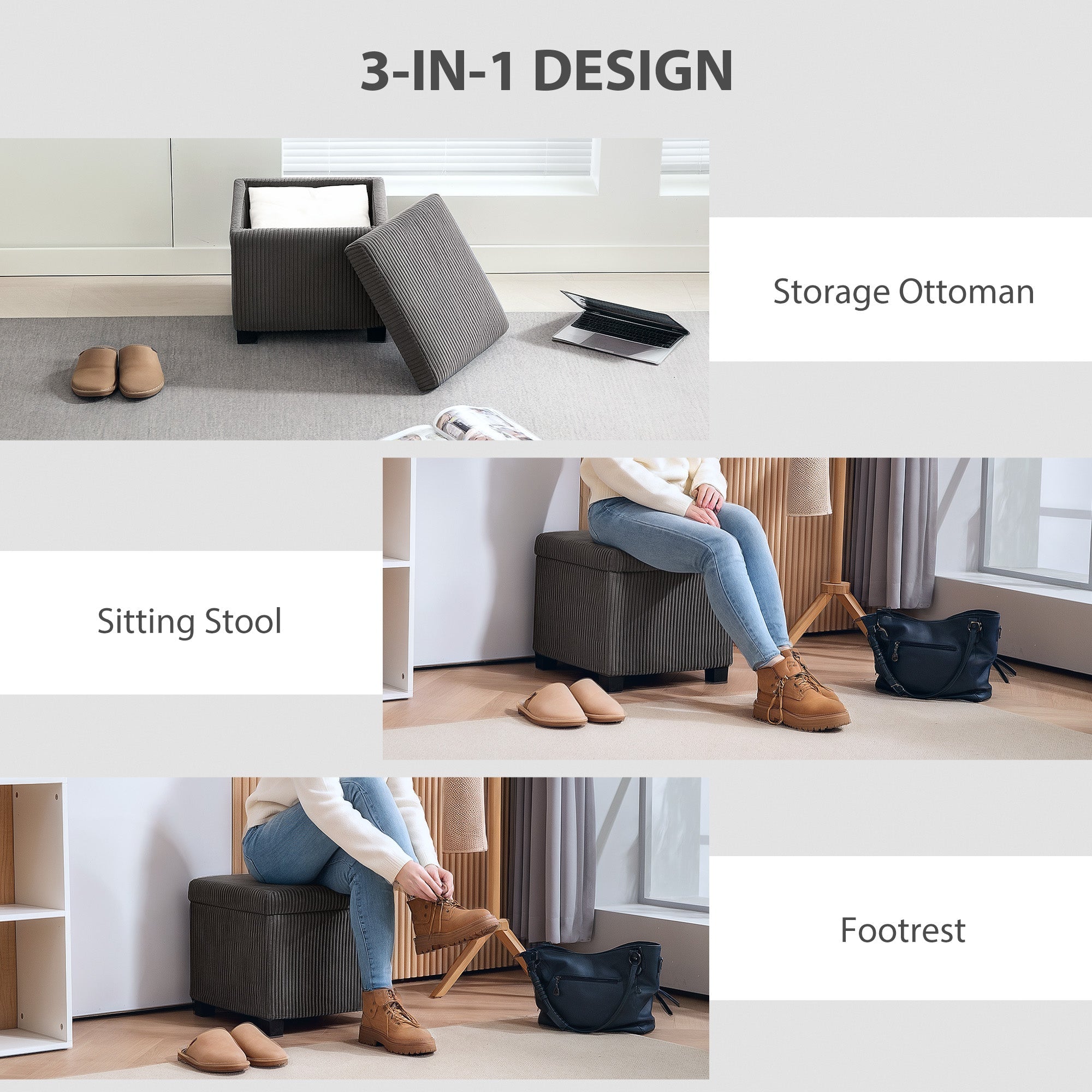 HOMCOM Storage Ottoman Bench, Corduroy Footstool with Removable Lid and Legs, 40cm Storage Chest Box for Living Room, Bedroom, Hallway, Grey 