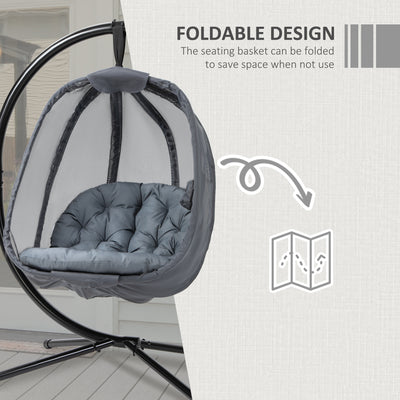 Outsunny Hanging Egg Chair, Folding Texteline Swing Hammock with Side Pocket, Cushion and Stand for Indoor Outdoor, Patio Garden Furniture, Grey 