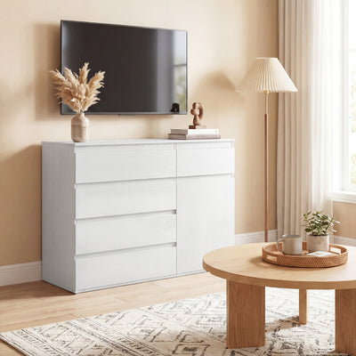 HOMCOM Modern Chest Of Drawers, 5 Drawer Dresser with Adjustable Shelf, Soft-Close Door, White 