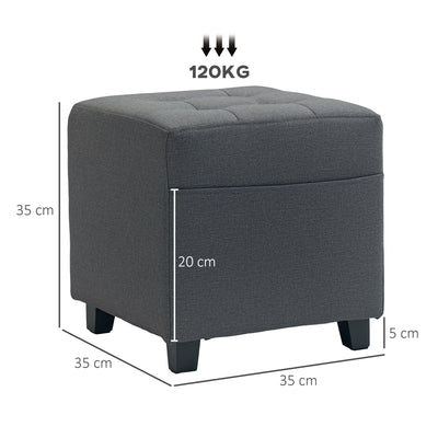 HOMCOM Square Footstool, Small Ottoman with Side Pocket, Linen Fabric Footrest Foot Stool with Rubber Wood Legs and Padded Seat for Living Room, Bedroom, Entryway, 35 x 35 x 35cm, Grey 