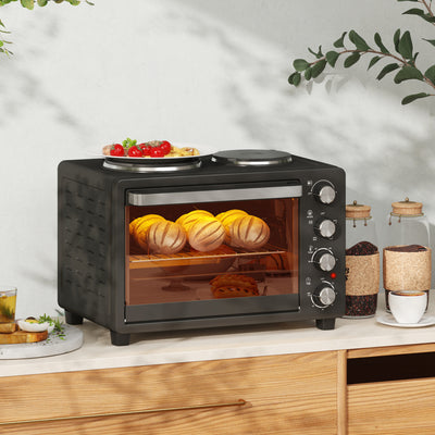 HOMCOM 28L Mini Oven with 2 Hot Plates, Countertop Toaster Oven, Grill, Roast, Bake, Boil, with Timer, Adjustable Temperature, Electric Oven with Baking Tray, Grill Rack, Crumb Tray, 2600W, Black 