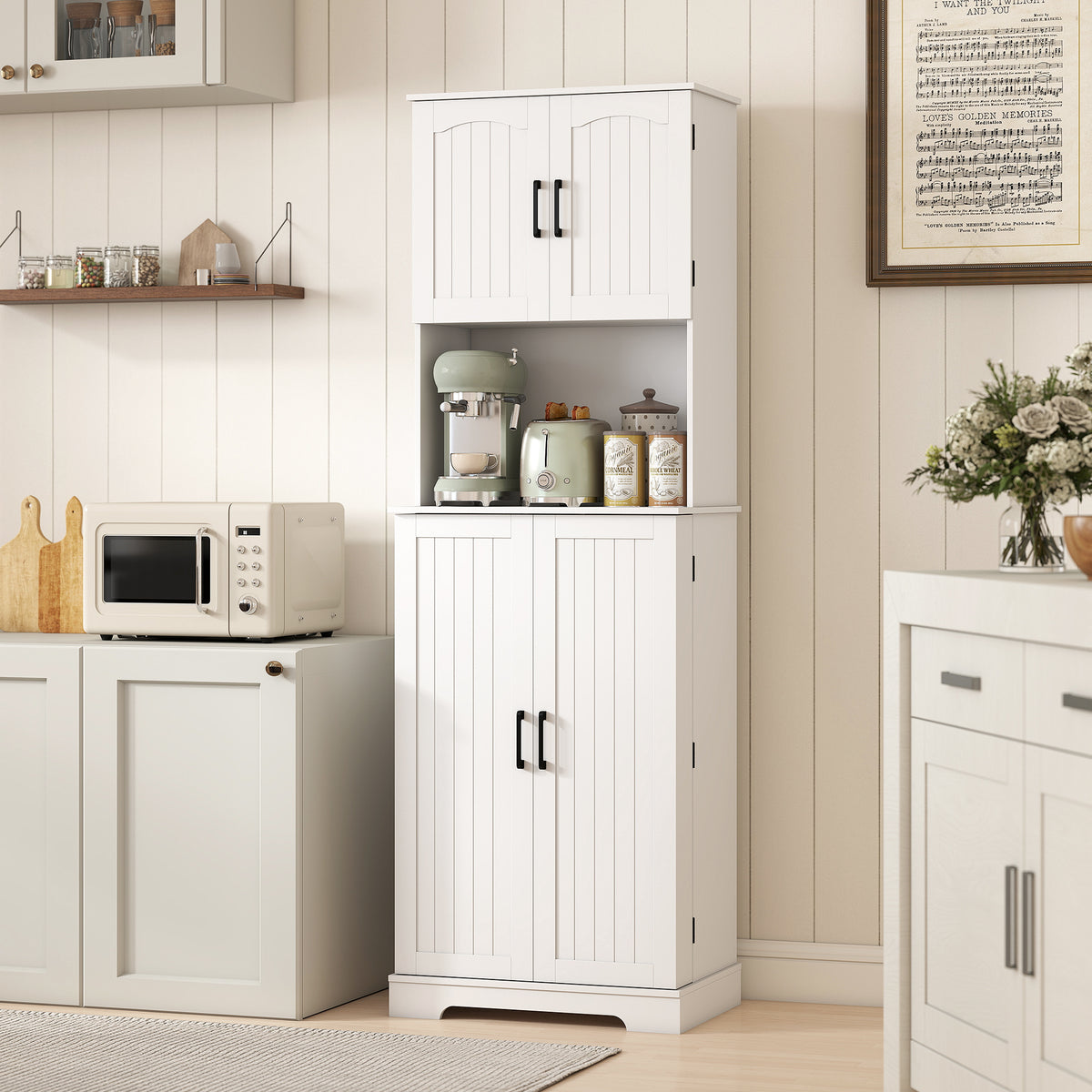 HOMCOM 181.5 cm Freestanding Storage Cabinet, Tall Kitchen Cupboard with Adjustable Shelves, 8 Door Spice Racks, White