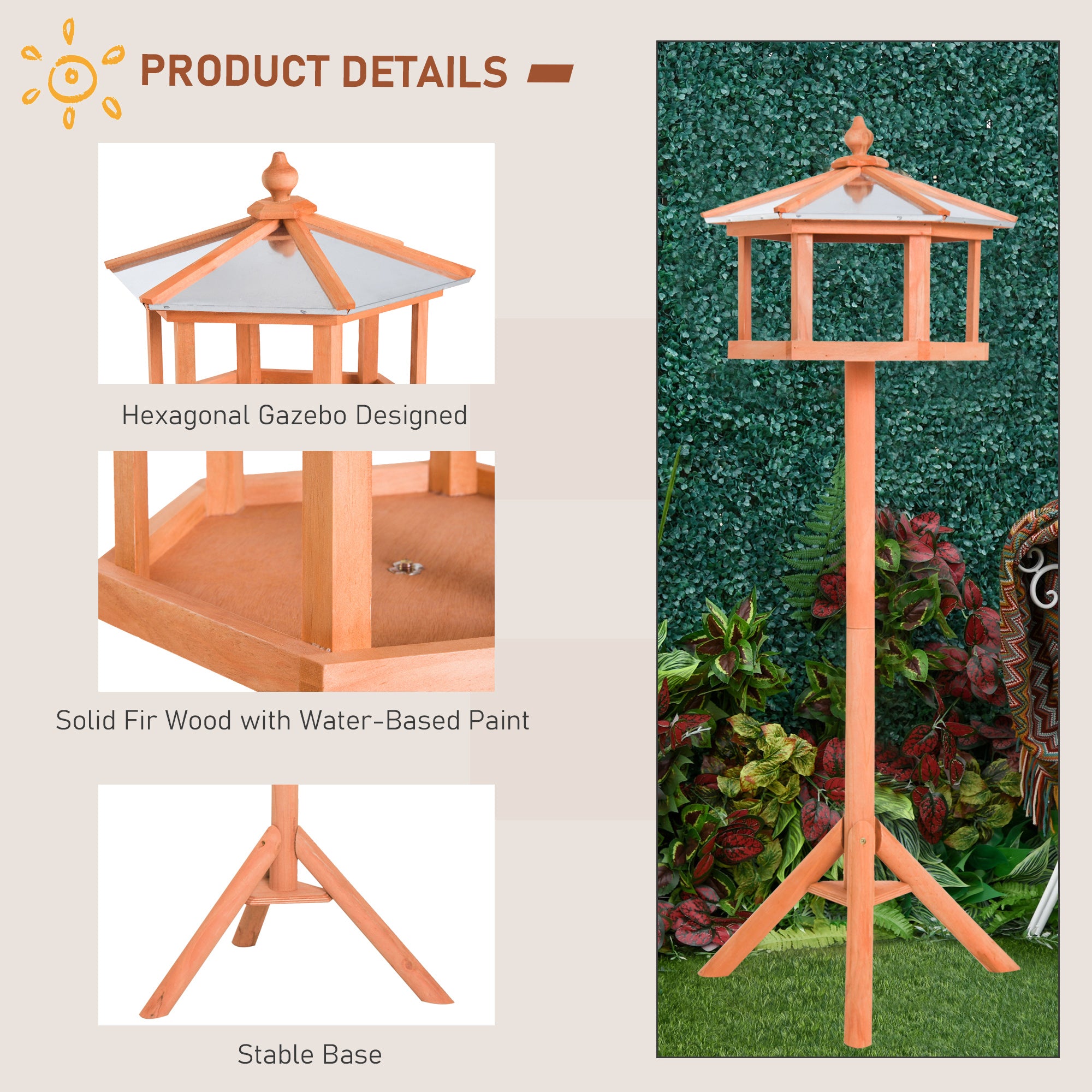 PawHut Wooden Bird Table Free Standing Feeder Garden Sheltered Feeding Station Parrot Stand Birdhouse Φ40x113cm 
