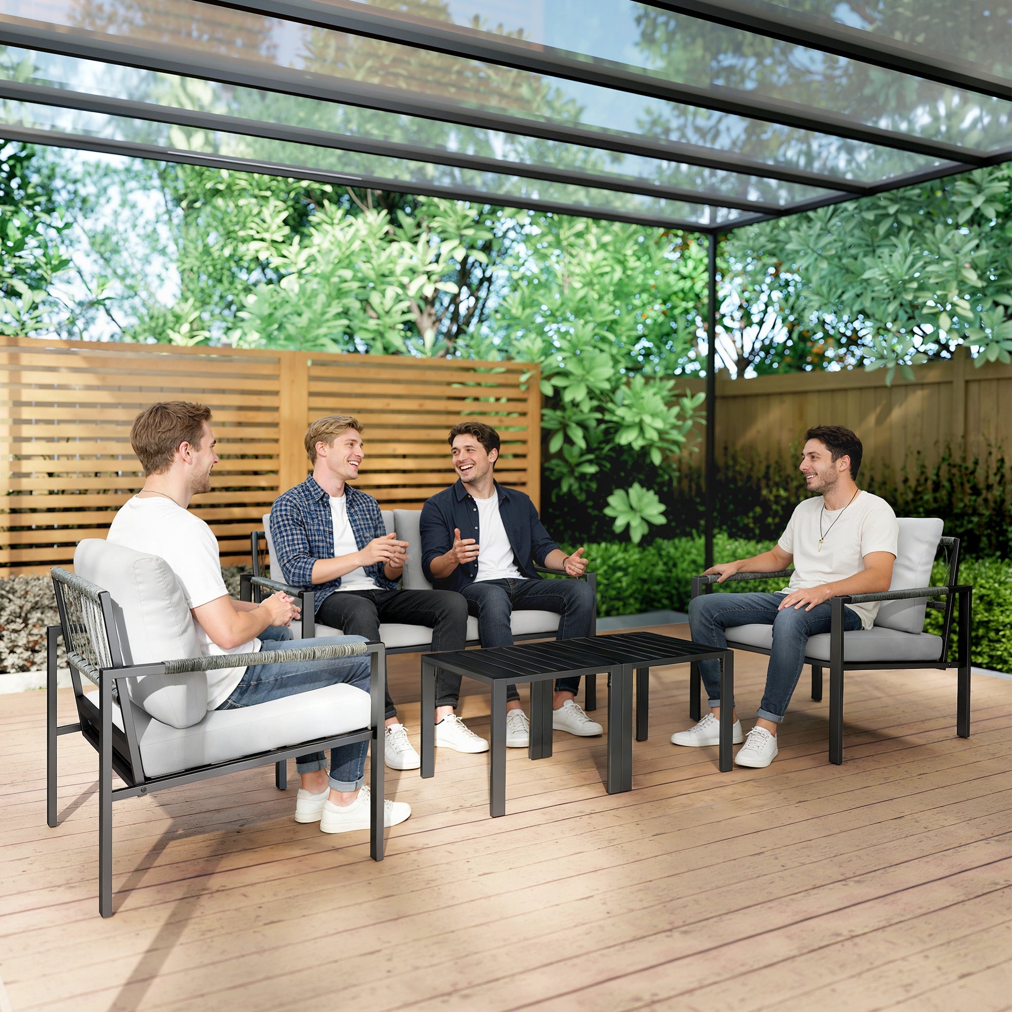 Outsunny 5 Piece Metal Garden Furniture Sofa Set with Thickened Cushions, Loveseat, 2 Armchairs, 2 Coffee Tables, Light Grey 