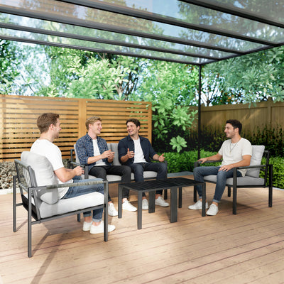 Outsunny 5 Piece Metal Garden Furniture Sofa Set with Thickened Cushions, Loveseat, 2 Armchairs, 2 Coffee Tables, Light Grey 