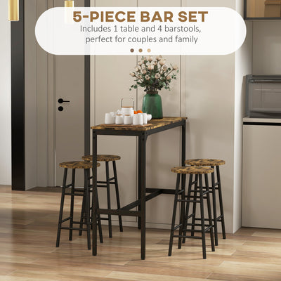 HOMCOM 5 Piece Bar Table Set with 4 Stools, Industrial Bar Table and Stool Set, Dining Table and Chair Set, Rustic Brown 