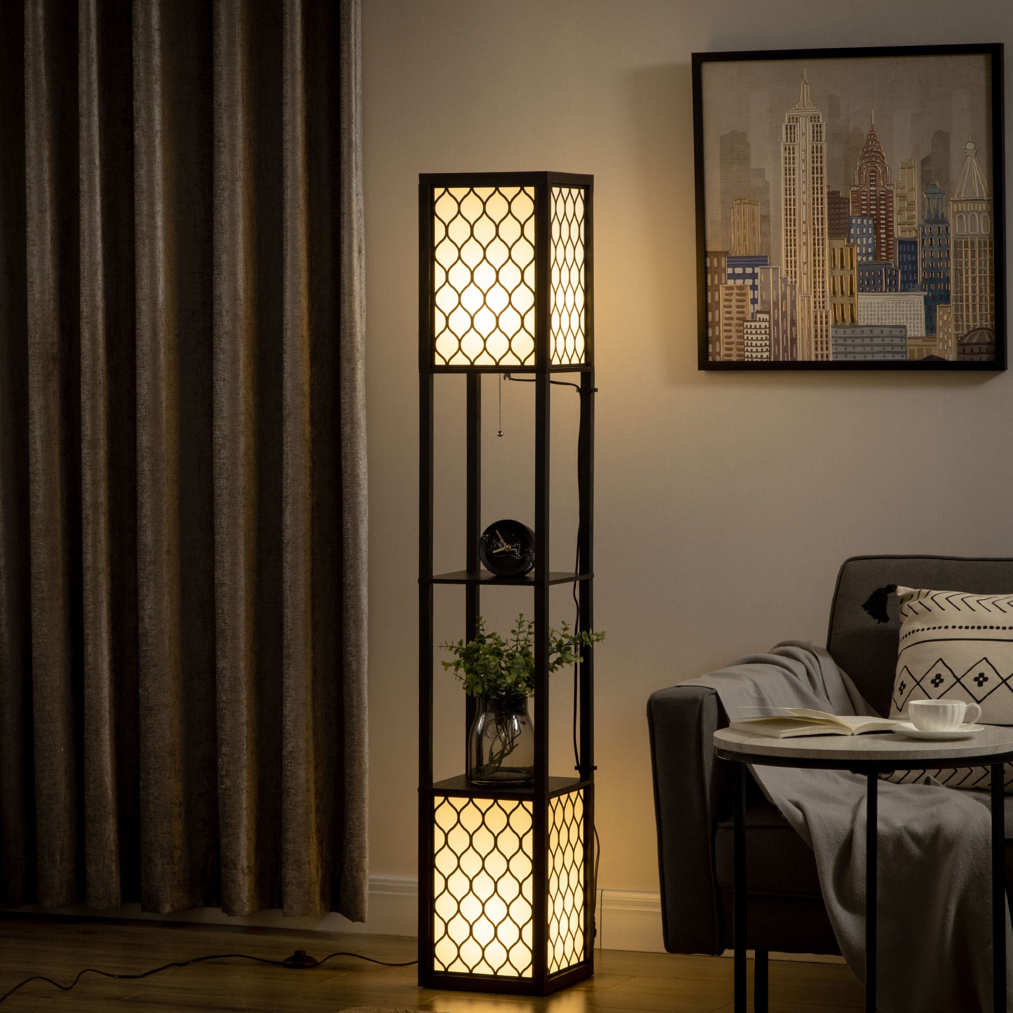 HOMCOM Floor Lamp with Shelves, Dual Light, Modern Tall Standing Lamps for Living Room, Bedroom, with Pull Chain Switch, Bulb not Included, Black 