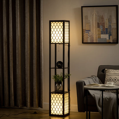 HOMCOM Floor Lamp with Shelves, Dual Light, Modern Tall Standing Lamps for Living Room, Bedroom, with Pull Chain Switch, Bulb not Included, Black 