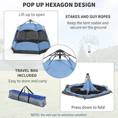 Outsunny Double Layer Dome Tent with Rainfly and Welded Floor, 4 Man Hexagon Pop Up Tent, Portable Camping Shelter with Hang Hook and Carry Bag, for Festival Hiking Family, Blue and Black 