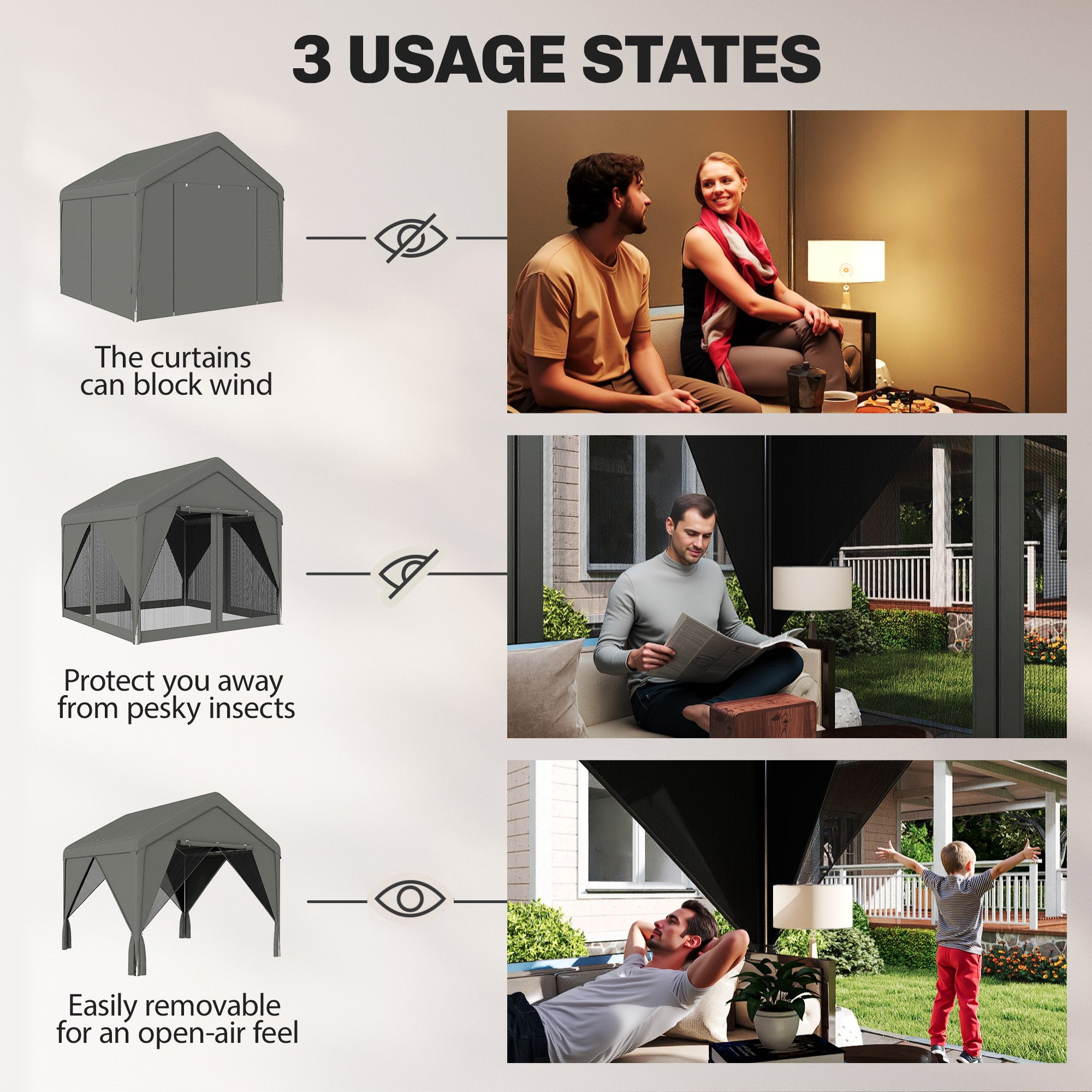 Outsunny 3 x 3 m Patio Gazebo with Netting & Curtains, Outdoor Canopy Shelter with Galvanised Steel Frame, Dark Grey 