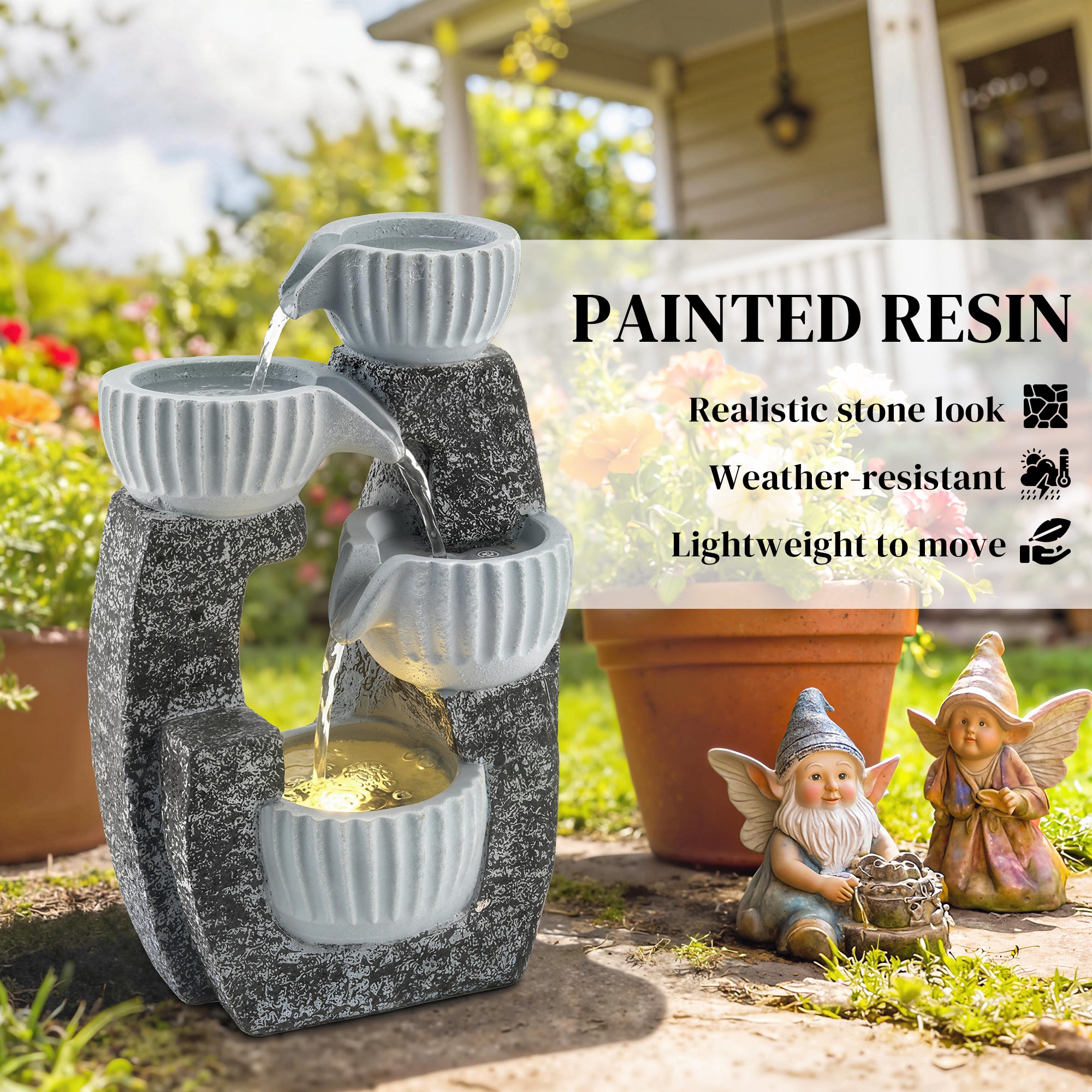 Outsunny 4-Tier Bowl Water Feature, Indoor Outdoor Garden Water Fountain with Pump and LED Lights, Resin Cascading Waterfall 
