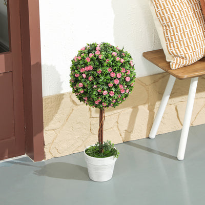 HOMCOM Set of 2 Decorative Artificial Plants, Ball Topiary Tree with Rose Flower in Pot, Fake Plants for Home Indoor Outdoor Decor, 60cm, Pink 