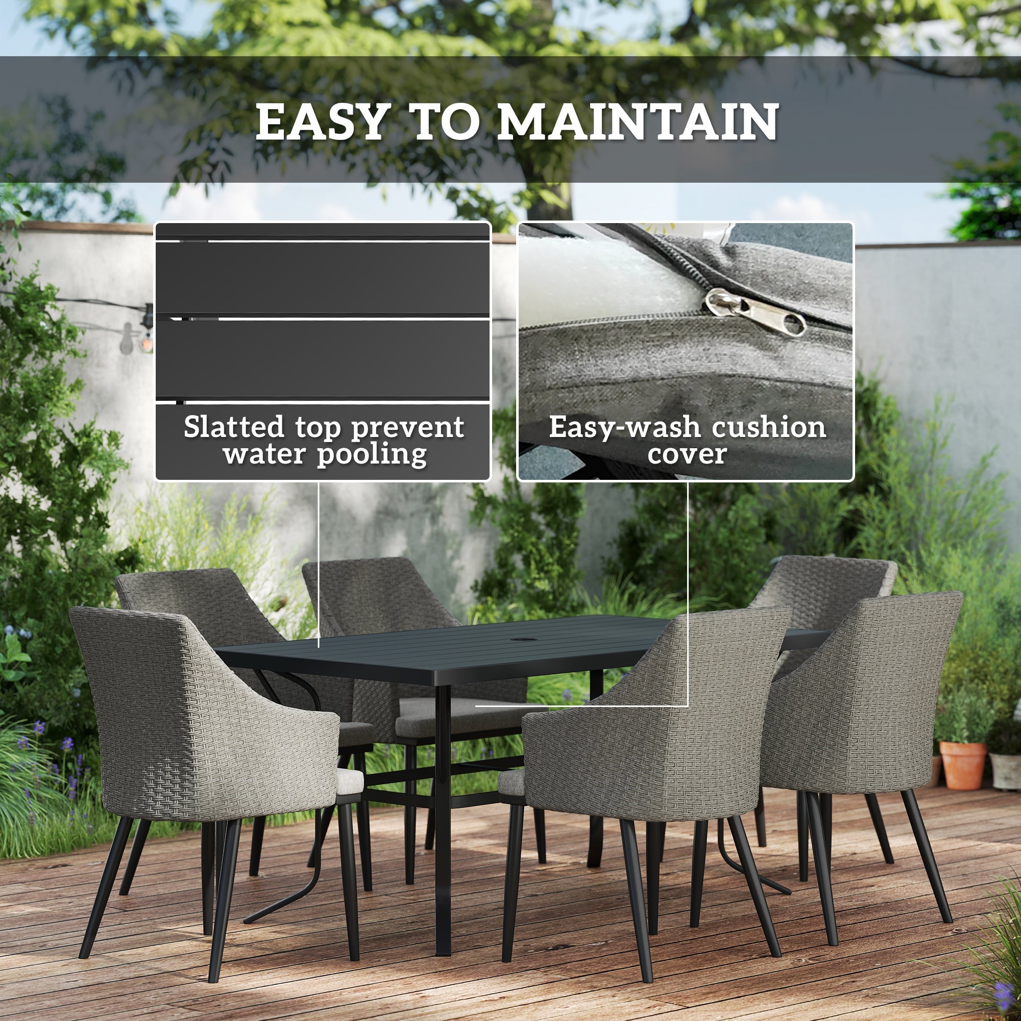 Outsunny 6 Seater Rattan Dining Set with Cushions, Garden Furniture Set with Armchairs, Rectangle Slatted Table Top, Steel Frame, Parasol Hole, Wicker Outdoor Furniture for Patio, Balcony, Grey 