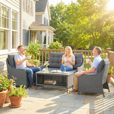 Outsunny 4-Piece Wicker Patio Furniture Set with 2 Armchairs, Loveseat, Glass Coffee Table, Conversation Sofa Set, Dark Grey 