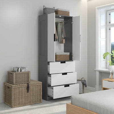 HOMCOM 2 Door Wardrobe, Modern Wardrobe with 3 Drawers and Hanging Rod for Bedroom, Grey 