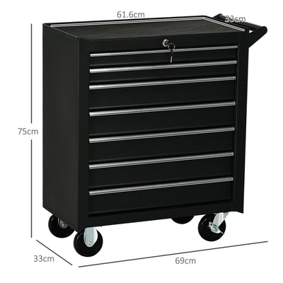DURHAND 7-Drawer Rolling Tool Chest on Wheels, Lockable Tool Cabinet with Side Handle, Metal Tool Box Trolley for Garage, Workshop, Matte Black 