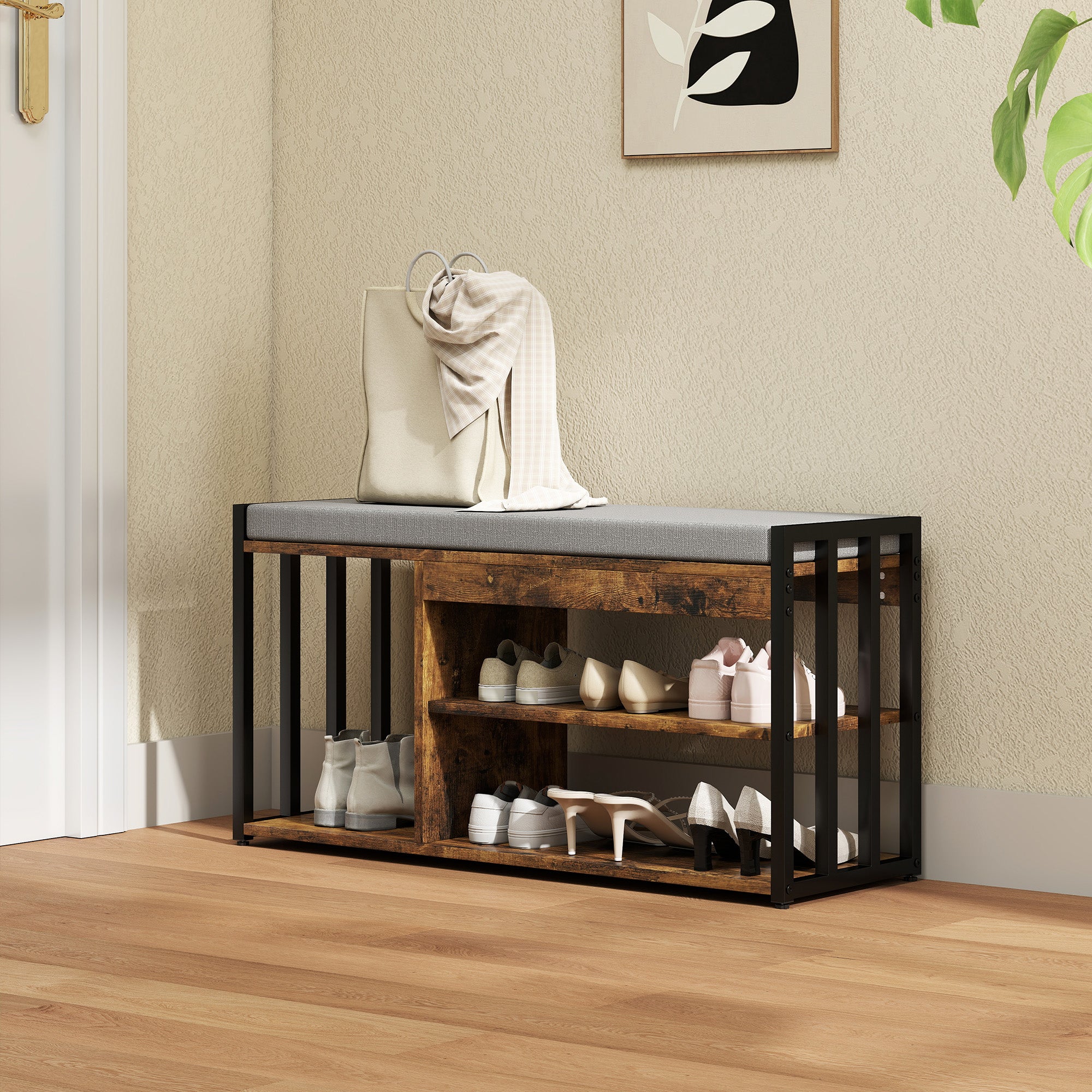 HOMCOM Shoe Storage with Seat, Upholstered Entryway Bench, Shoe Bench with 3 Open Shelves for Hallway, Rustic Brown 