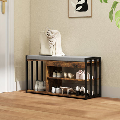HOMCOM Shoe Storage with Seat, Upholstered Entryway Bench, Shoe Bench with 3 Open Shelves for Hallway, Rustic Brown 