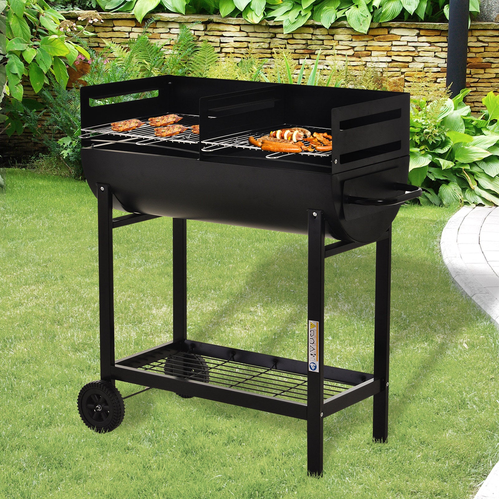 Outsunny Steel 2-Grill Charcoal BBQ w/ Wheels Black 