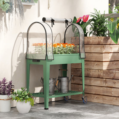 Outsunny Raised Planter with Greenhouse Cover, Mobile Elevated Garden Bed with Wheels and Bottom Shelf for Vegetables, Green 