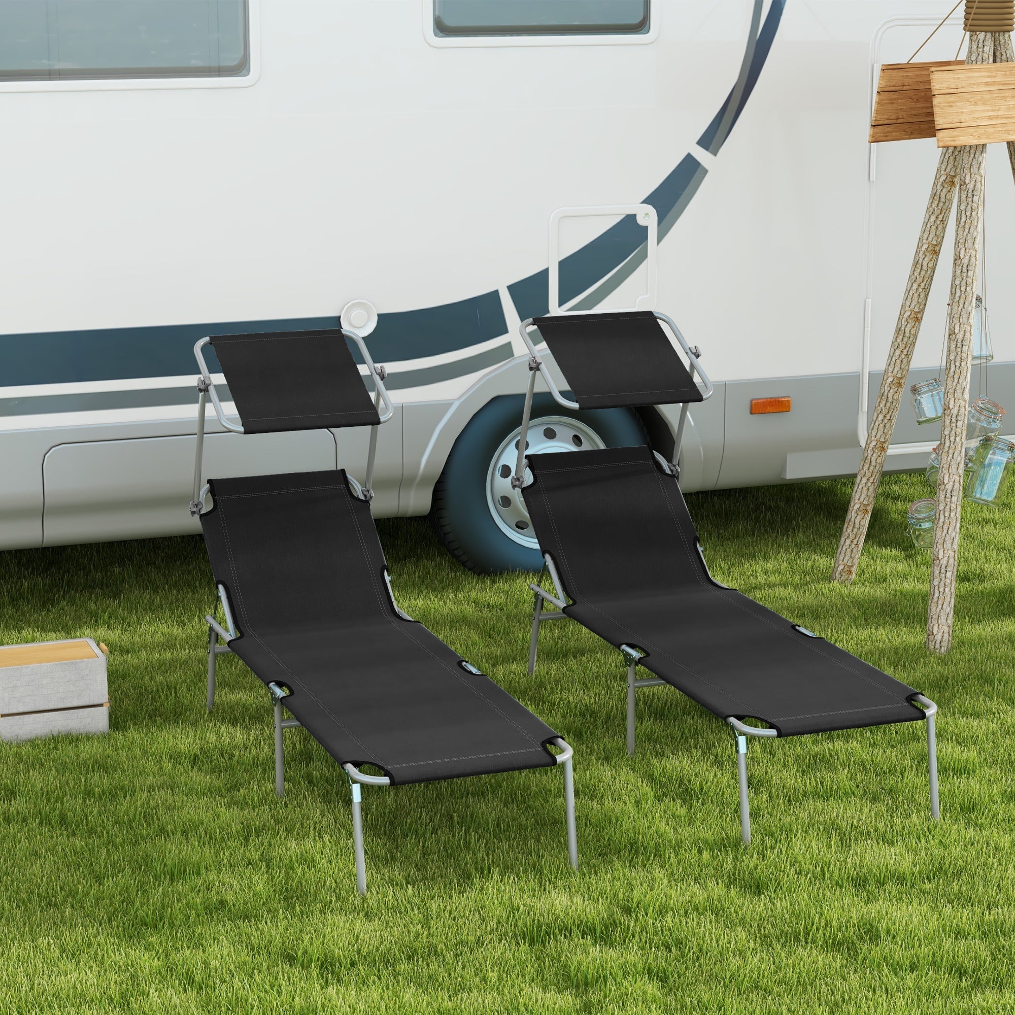 Outsunny Foldable Sun Lounger Set of 2 with Sun Shade & Adjustable Backrest - Black 