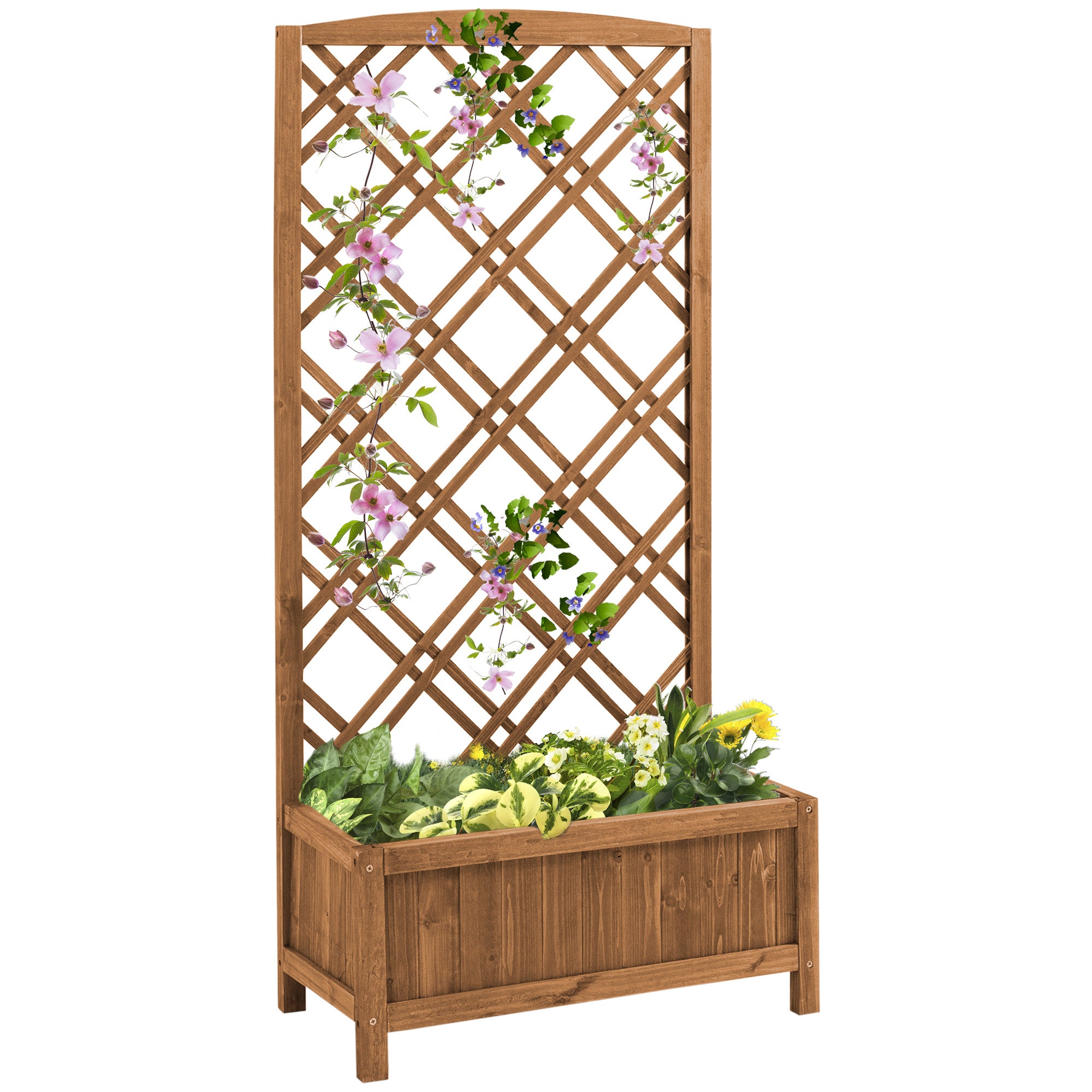 Outsunny Garden Planter with Trellis, Wooden Raised Bed for Garden with Lattice Trellis for Vegetables, Herbs and Flowers, Brown 