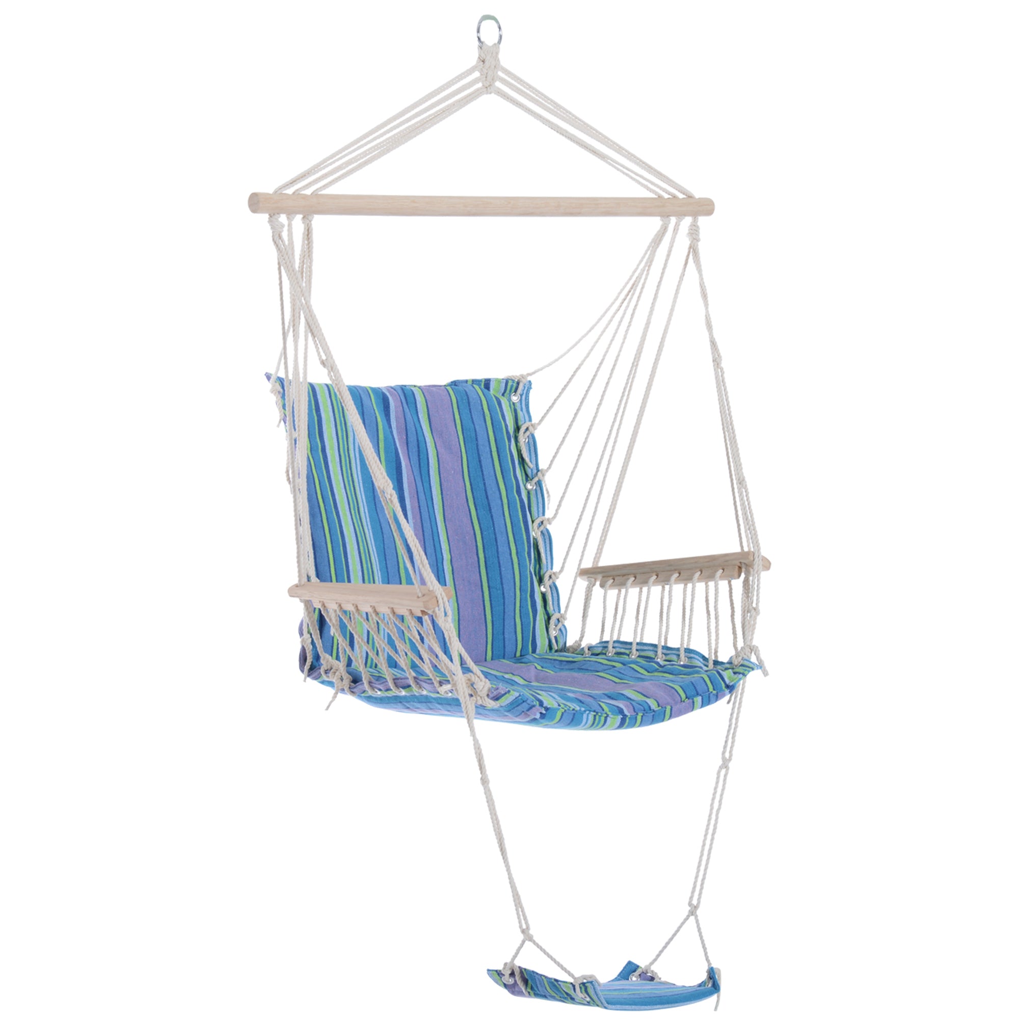 Outsunny Hanging Rope Chair with Soft Padded Seat & Backrest, Portable Garden Hammoc Chair with Wooden Support Bar, Armrests, Cotton Cloth, Footrest, for Patio & Tree, Blue 
