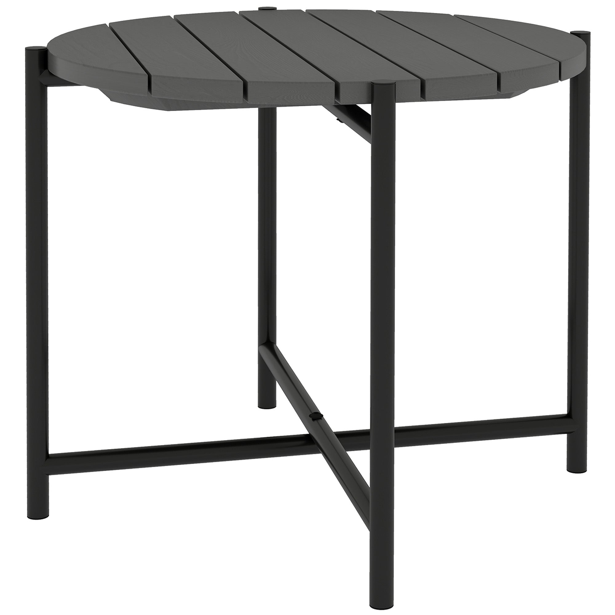 Outsunny 54 cm Round Outdoor Side Table, Industrial Small Garden Table with Slatted Wood Top and Metal Frame, Dark Grey 