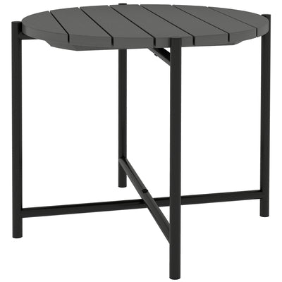 Outsunny 54 cm Round Outdoor Side Table, Industrial Small Garden Table with Slatted Wood Top and Metal Frame, Dark Grey 
