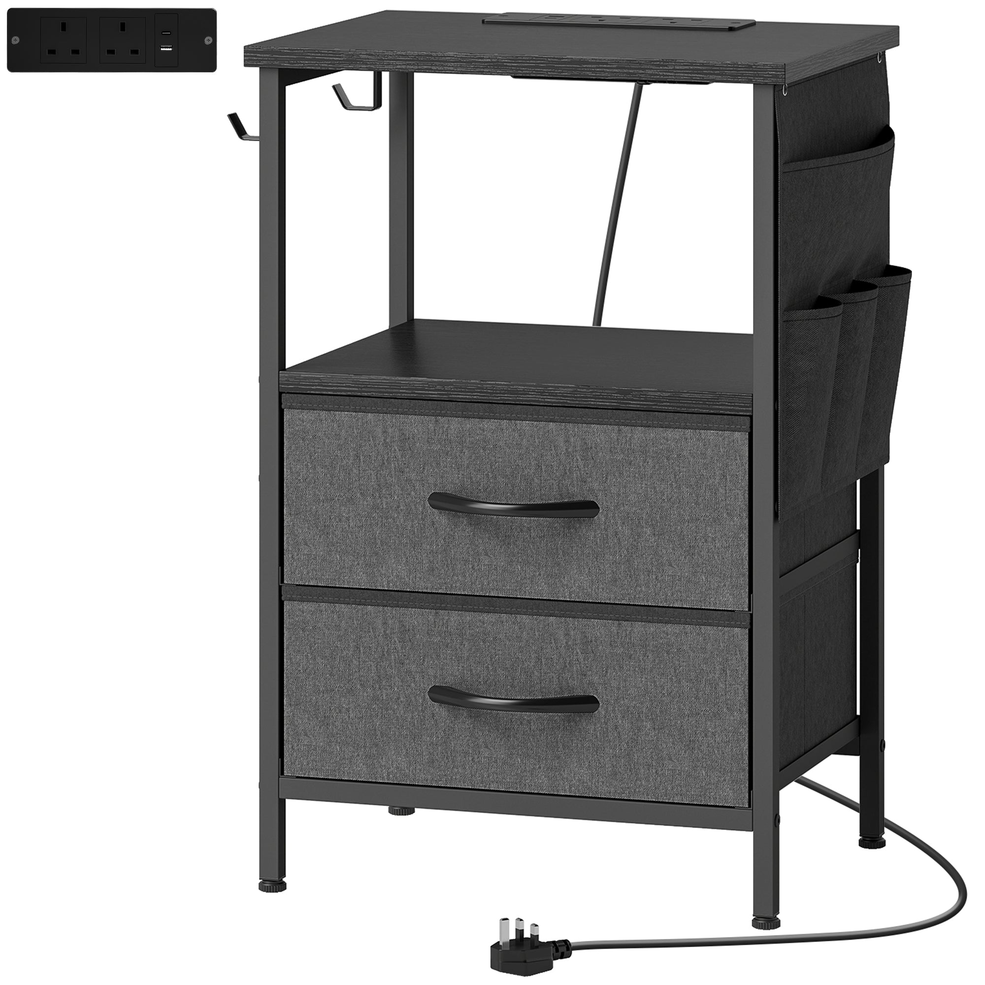 HOMCOM Bedside Table with Charging Station - Black 