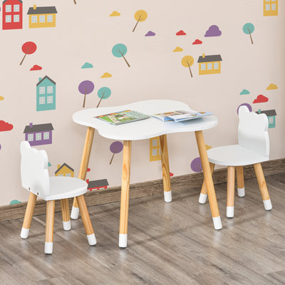 HOMCOM 3-Piece Kids Table and Chair Set with 2 Bear-Shaped Chairs, for Ages 1-4 Years, White 